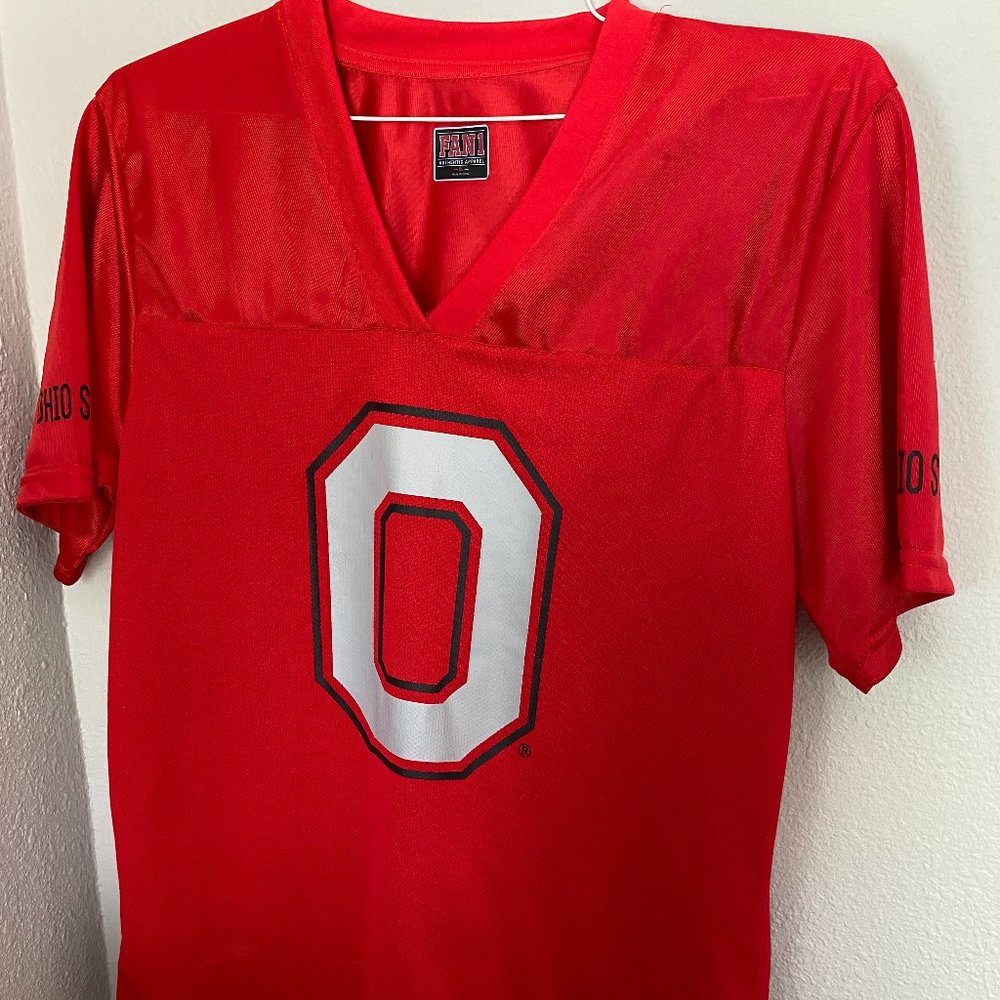 Ohio State red O short sleeve jersey.  100% polyester v-neck